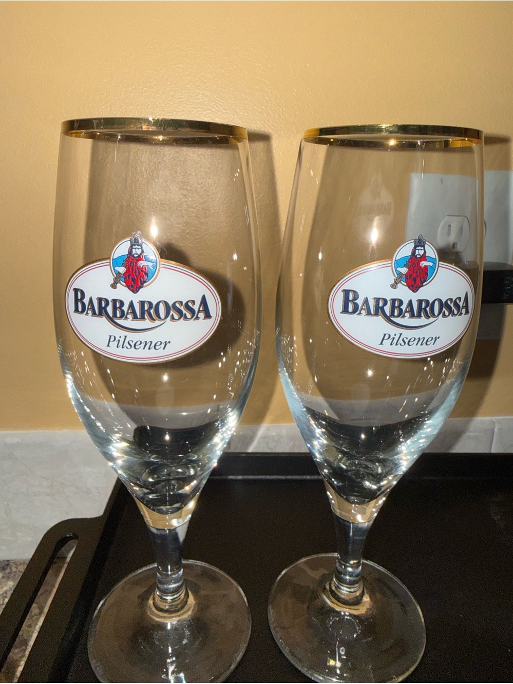 Two VintageBarbarossa Pilsener Glasses - Clear with Gold Rim